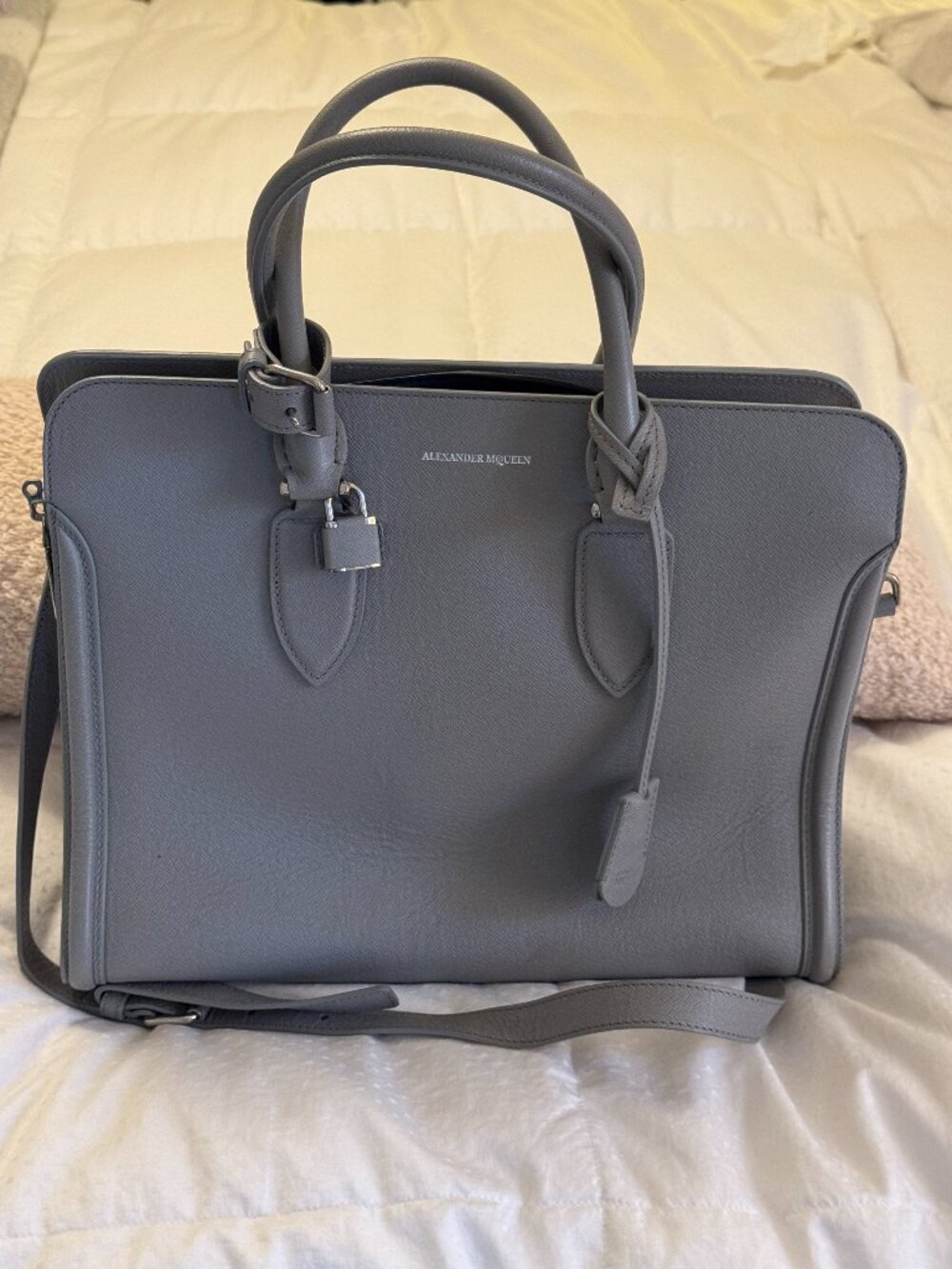 Alexander McQueen "Heroine" Briefcase Tote — Grey Saffiano Leather